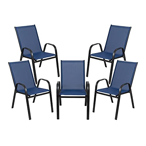 EMMA + OLIVER 5 Pack Navy Outdoor Stack Chair with Flex Comfort Material - Patio Stack Chair