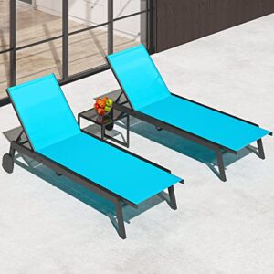 yitahome outdoor chaise lounge chairs set with side table, adjustable backrest poolside loungers with aluminum frame/textilene fabric/wheels for pool beach patio lawn porch (blue)