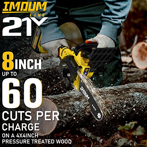 IMOUMLIVE Brushless Mini Chainsaw 8-Inch, Upgraded Handheld Electric Portable Chainsaw, Cordless Chainsaw Powered with 2Pcs 21V 3.0Ah Battery, Easy To Use Electric Chainsaw for Wood Cutting, Trimming