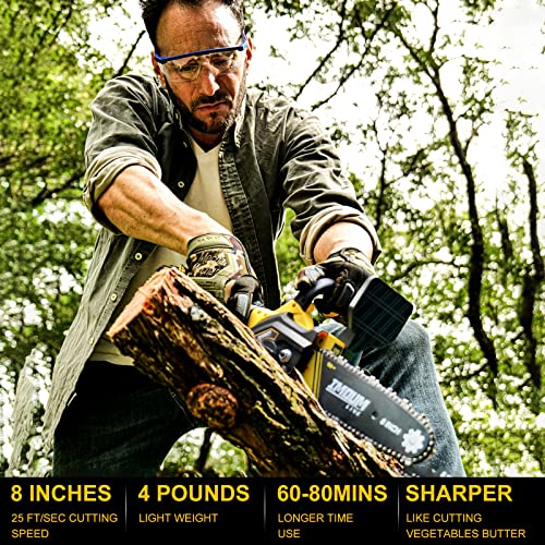 IMOUMLIVE Brushless Mini Chainsaw 8-Inch, Upgraded Handheld Electric Portable Chainsaw, Cordless Chainsaw Powered with 2Pcs 21V 3.0Ah Battery, Easy To Use Electric Chainsaw for Wood Cutting, Trimming