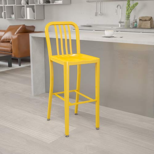 BizChair Commercial Grade 30" H Yellow Metal Indoor-Outdoor Barstool with Slat Back