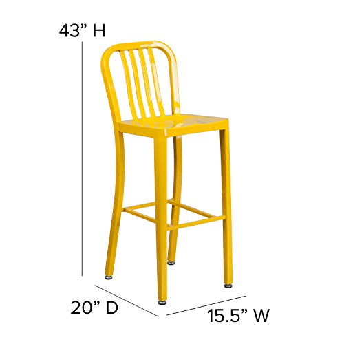BizChair Commercial Grade 30" H Yellow Metal Indoor-Outdoor Barstool with Slat Back