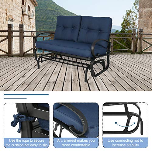 Iwicker Patio Glider Bench Swing Chair Outdoor Rocking Loveseat with Cushions (Navy Blue)