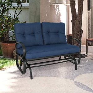 Iwicker Patio Glider Bench Swing Chair Outdoor Rocking Loveseat with Cushions (Navy Blue)