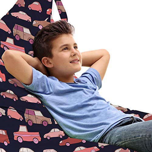 Ambesonne Cars Lounger Chair Bag, Cartoon Illustration with Automobiles in Pinkish Tones Urban Transportation Traffic, High Capacity Storage with Handle Container, Lounger Size, Multicolor