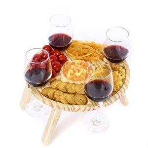 ywmsgm outdoor folding picnic table, wooden portable cheese tray or fruit snack compartment tray with 4 wine glass holders, no assembly required, suitable for potluck camping, beach concert
