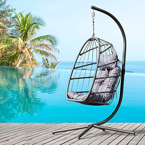 elify Wicker Hanging Swing Chair, Patio Rib Hanging Egg Chair with UV Resistant Grey Cushion and Aluminum Stand Frame in Door Outdoor Patio (Gray)