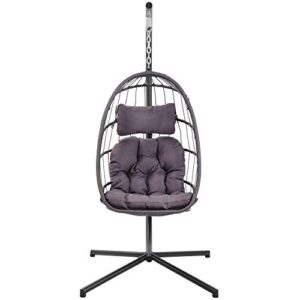 elify Wicker Hanging Swing Chair, Patio Rib Hanging Egg Chair with UV Resistant Grey Cushion and Aluminum Stand Frame in Door Outdoor Patio (Gray)