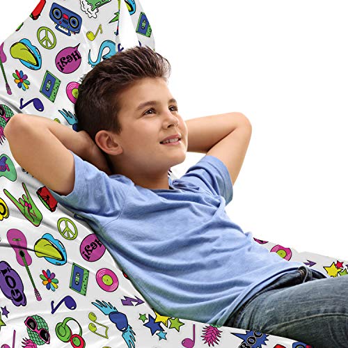 Ambesonne Emoticon Lounger Chair Bag, Colorful Fun Music Themed Pattern with Instruments Cassettes Boombox Hand Gestures, High Capacity Storage with Handle Container, Lounger Size, Multicolor