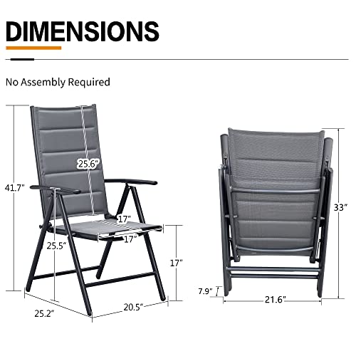 PURPLE LEAF Outdoor Patio Folding Chairs Set of 2, Outdoor Reclining Camping Chairs with Soft Cotton-Padded Seat Adjustable High Backrest Portable Chairs, Grey