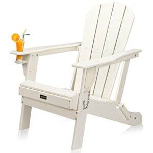 vingli plastic folding adirondack chair with cup holder, 100% recyclable waterproof hdpe material, comfortable 380lb weight capacity for outdoor pool patio lounge chair lawn furniture firepit (white)