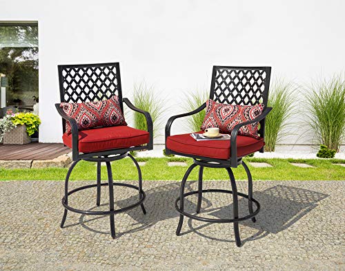 Nuu Garden 3 Piece Swivel Patio Bar Set, High Iron Outdoor Furniture Set Wide Outdoor Bar Stools, Bar Height Chairs with Seat Cushion and Armrest for Garden, Backyard, Patio and Poolside, Red