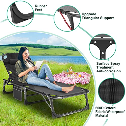 LILYPELLE Folding Outside Chaise Lounge Chair with Mattress, 5 Position Adjustable Patio Folding Lounge Chair Reclining Chairs Perfect for Sunbathing, Camping, Pool, Beach, Patio