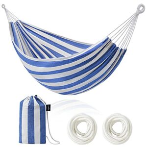 rooity double hammock brazilian hammocks with portable carrying bag,soft cotton fabric, up to 450 lbs hanging for patio,trees,garden,backyard,porch,outdoor and indoor xxx-large stripe (blue-white)