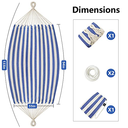 ROOITY Double Hammock Brazilian Hammocks with Portable Carrying Bag,Soft Cotton Fabric, Up to 450 Lbs Hanging for Patio,Trees,Garden,Backyard,Porch,Outdoor and Indoor XXX-Large Stripe (Blue-White)