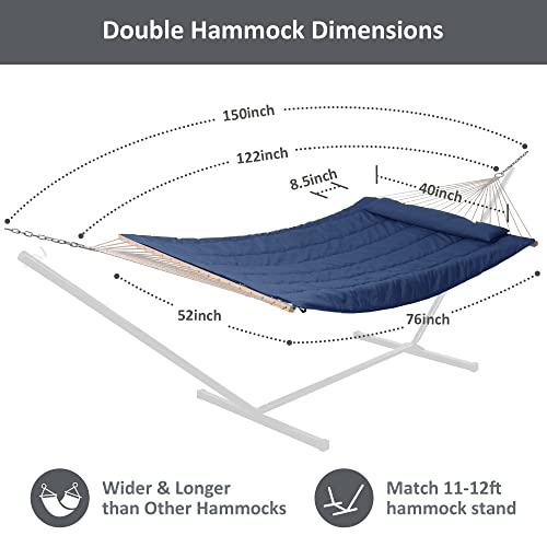 SUNCREAT Hammocks Outdoor Double Hammock with Hardwood Spreader Bar, Heavy Duty Cotton Rope Hammock with Polyester Pad, Dark Blue