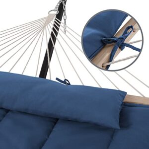 SUNCREAT Hammocks Outdoor Double Hammock with Hardwood Spreader Bar, Heavy Duty Cotton Rope Hammock with Polyester Pad, Dark Blue