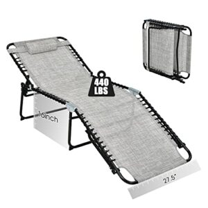 gymax lounge chair for outside, 440lbs 27.5” oversize folding beach tanning sunbath chair with adjustable backrest & removable pillow, lightweight portable patio lounger for lawn poolside (1, grey)