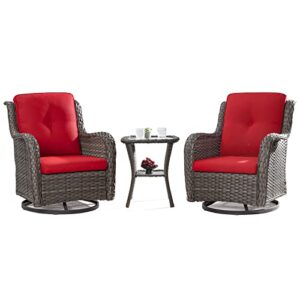 joyside outdoor swivel rocker patio chairs set of 2 and matching side table – 3 piece wicker patio bistro set with premium fabric cushions(brown/red)