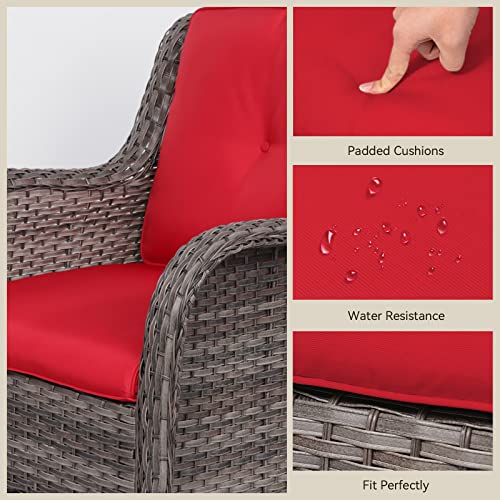 Joyside Outdoor Swivel Rocker Patio Chairs Set of 2 and Matching Side Table - 3 Piece Wicker Patio Bistro Set with Premium Fabric Cushions(Brown/Red)