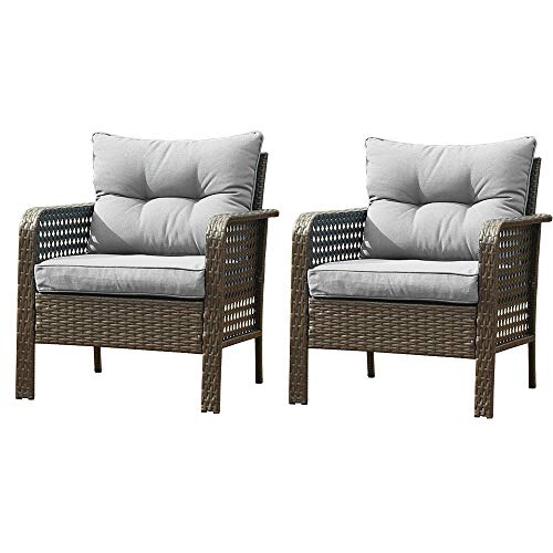 U-Eway Outdoor Rattan Single Chair 2pcs,Patio PE Wicker Furniture Cushion Seat,2Pcs Armchairs PE Rattan Sofa Backyard Yard ,Premium Spun Ploy Fabric,Removable Cushion Cover Zipper, Washable (Grey)