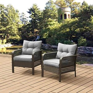 U-Eway Outdoor Rattan Single Chair 2pcs,Patio PE Wicker Furniture Cushion Seat,2Pcs Armchairs PE Rattan Sofa Backyard Yard ,Premium Spun Ploy Fabric,Removable Cushion Cover Zipper, Washable (Grey)