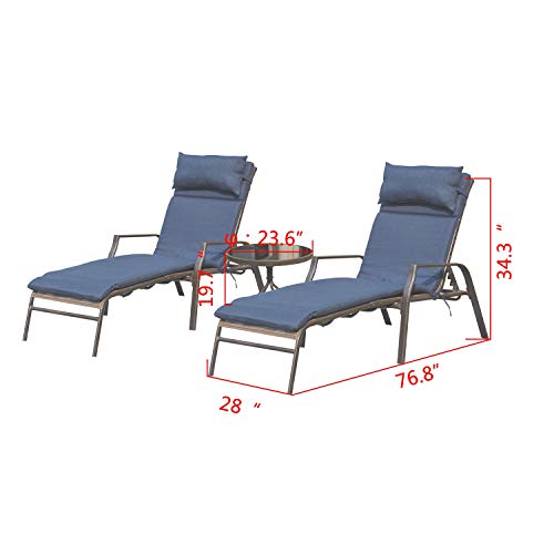 Top Space Patio Lounge Chair Outdoor Chaise Chairs Portable Adjustable Metal Leisure Recliner with Folding Table 3 Pieces for Camping Beach Yard Pool (Blue)