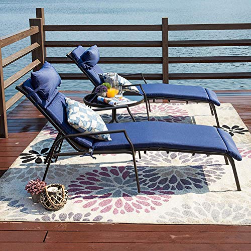 Top Space Patio Lounge Chair Outdoor Chaise Chairs Portable Adjustable Metal Leisure Recliner with Folding Table 3 Pieces for Camping Beach Yard Pool (Blue)