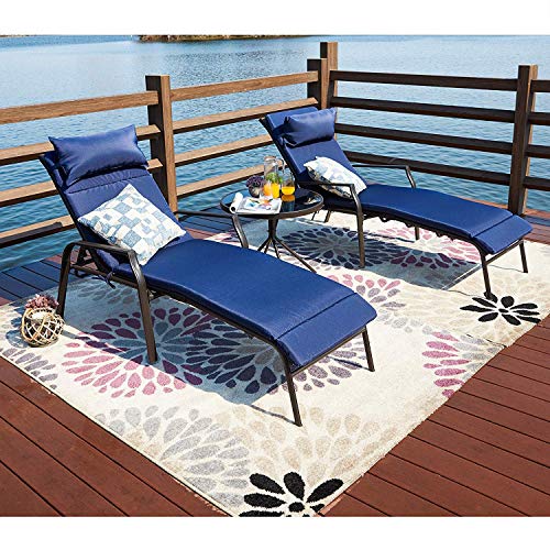 Top Space Patio Lounge Chair Outdoor Chaise Chairs Portable Adjustable Metal Leisure Recliner with Folding Table 3 Pieces for Camping Beach Yard Pool (Blue)