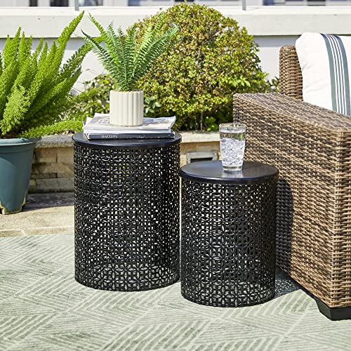 glitzhome Nesting Side Table Set of 2 Decorative Garden Stools for Indoor Outdoor Heavy Duty Metal Frame Side Table Modern End Table, Glossy Black