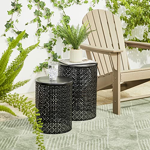 glitzhome Nesting Side Table Set of 2 Decorative Garden Stools for Indoor Outdoor Heavy Duty Metal Frame Side Table Modern End Table, Glossy Black