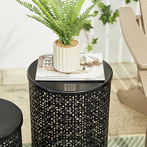 glitzhome Nesting Side Table Set of 2 Decorative Garden Stools for Indoor Outdoor Heavy Duty Metal Frame Side Table Modern End Table, Glossy Black