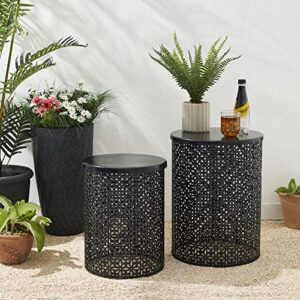 glitzhome Nesting Side Table Set of 2 Decorative Garden Stools for Indoor Outdoor Heavy Duty Metal Frame Side Table Modern End Table, Glossy Black