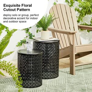 glitzhome Nesting Side Table Set of 2 Decorative Garden Stools for Indoor Outdoor Heavy Duty Metal Frame Side Table Modern End Table, Glossy Black
