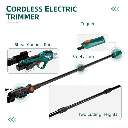 YOLENY Electric Pruning Shears, Cordless Pruning Shears with 5.1/6.6 Ft High Telescopic Pole, Lithium Battery Powered, with Safety Protection, Green