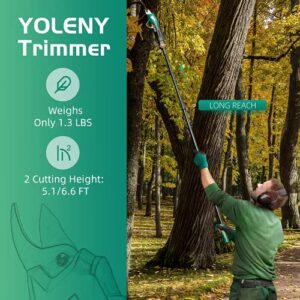 YOLENY Electric Pruning Shears, Cordless Pruning Shears with 5.1/6.6 Ft High Telescopic Pole, Lithium Battery Powered, with Safety Protection, Green