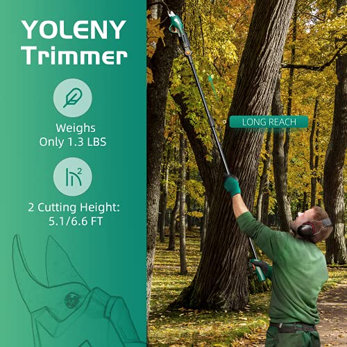 YOLENY Electric Pruning Shears, Cordless Pruning Shears with 5.1/6.6 Ft High Telescopic Pole, Lithium Battery Powered, with Safety Protection, Green