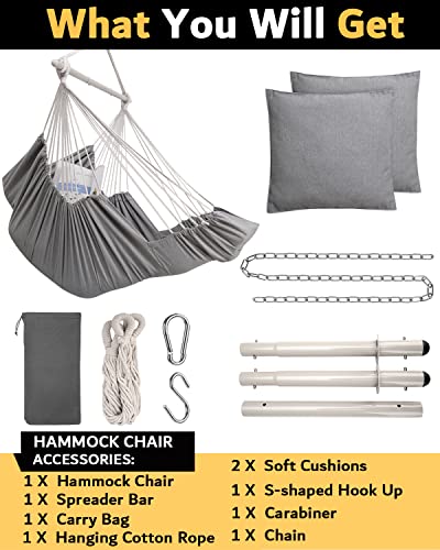 Miztli Hammock Chair Hanging Chair Swing with Foot Rest, Max 500 Lbs, Steel Spreader Bar with Anti-Slip Rings-2 Cushions Included-for Bedroom Indoor and Outdoor