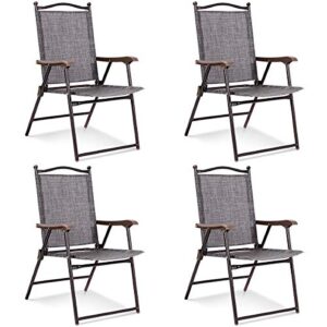 giantex set of 4 folding sling back chairs indoor outdoor camping chairs garden patio pool beach yard lounge chairs w/armrest (gray)