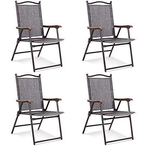 Giantex Set of 4 Folding Sling Back Chairs Indoor Outdoor Camping Chairs Garden Patio Pool Beach Yard Lounge Chairs w/Armrest (Gray)