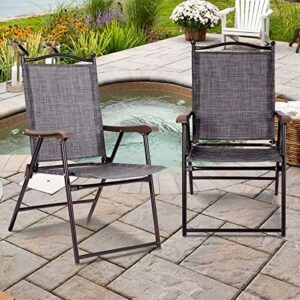 Giantex Set of 4 Folding Sling Back Chairs Indoor Outdoor Camping Chairs Garden Patio Pool Beach Yard Lounge Chairs w/Armrest (Gray)