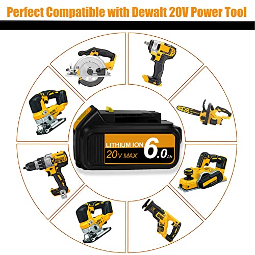 FEOTDN 2Pack 6.0Ah 20 Volt Lithium Replacement Battery for Dewalt 20V Battery DCB206 DCB200 DCB204 DCB203 DCB207 DCB207, with LED Indicator