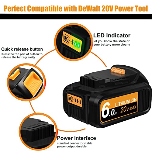 FEOTDN 2Pack 6.0Ah 20 Volt Lithium Replacement Battery for Dewalt 20V Battery DCB206 DCB200 DCB204 DCB203 DCB207 DCB207, with LED Indicator