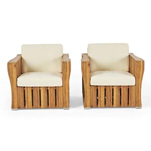 christopher knight home cadence outdoor acacia wood club chairs with water resistant cushions, 2-pcs set, natural stained / cream cushions