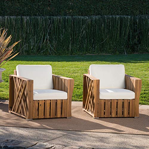 Christopher Knight Home Cadence Outdoor Acacia Wood Club Chairs with Water Resistant Cushions, 2-Pcs Set, Natural Stained / Cream Cushions