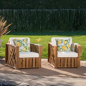 Christopher Knight Home Cadence Outdoor Acacia Wood Club Chairs with Water Resistant Cushions, 2-Pcs Set, Natural Stained / Cream Cushions