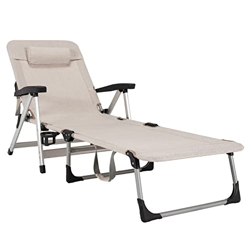 Giantex Patio Chaise Lounge Chair 7 Adjustable Position Folding Camping Cot, Outdoor Lounger with Cup Holder, Detachable Pillow, Beach Sleeping Recliner for Poolside, Lawn Sunbathing Chair (1, Beige)