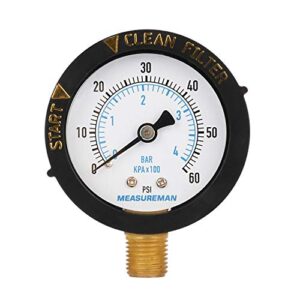 MEASUREMAN 2" Start and Clean Filter Pressure Gauge, Swimming Pool Filter Pressure Gauge, Spa, Aquarium, Water Pressure Gauge, 1/4" NPT Lower Mount 0-60Psi/bar