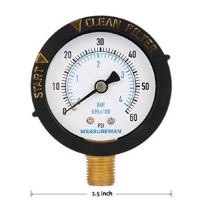 MEASUREMAN 2" Start and Clean Filter Pressure Gauge, Swimming Pool Filter Pressure Gauge, Spa, Aquarium, Water Pressure Gauge, 1/4" NPT Lower Mount 0-60Psi/bar