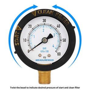 MEASUREMAN 2" Start and Clean Filter Pressure Gauge, Swimming Pool Filter Pressure Gauge, Spa, Aquarium, Water Pressure Gauge, 1/4" NPT Lower Mount 0-60Psi/bar